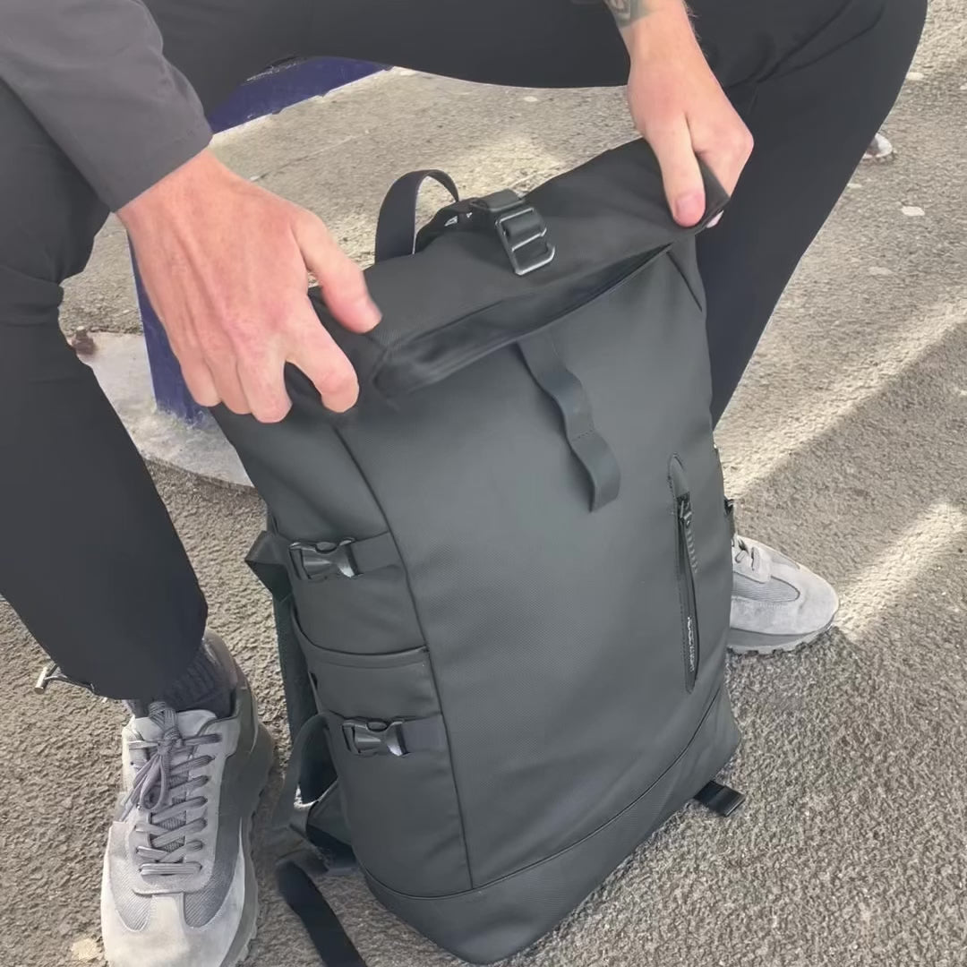 Rolltop backpack by Travel Companion. Built in USB charging port , expandable rolltop design and waterproof and durable materials. Perfect for commuters.
