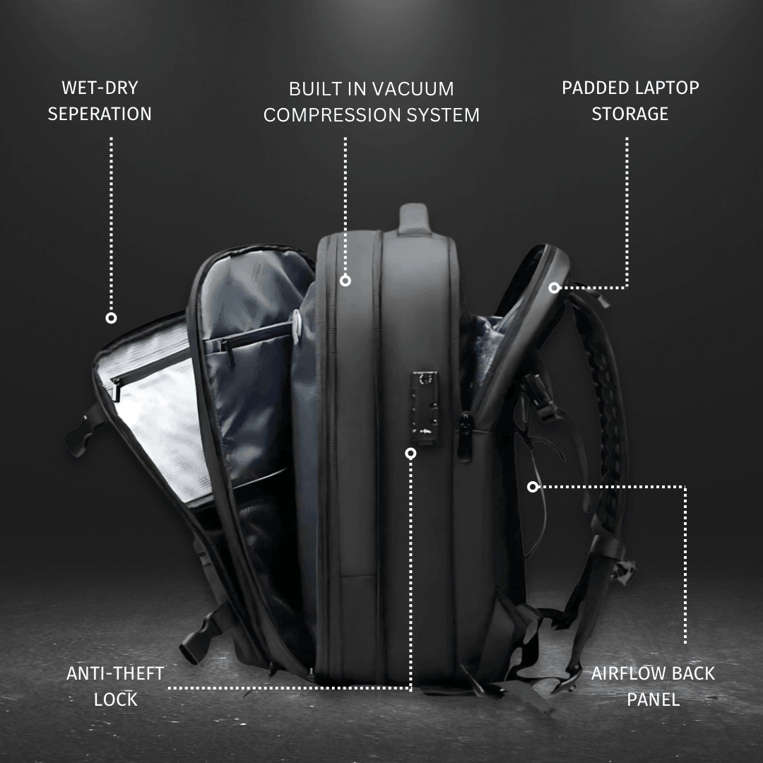 Travel backpack with built in vacuum compression system which saves you upto 50% space in your backpack. Separate laptop compartment , wet & dry separation , secret back pocket and ergonomic design by travel companion