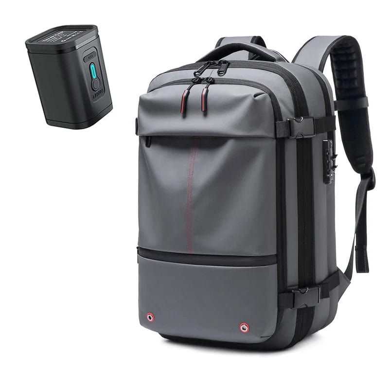 Travel backpack with built in vacuum compression system which saves you upto 50% space in your backpack. Separate laptop compartment , wet & dry separation , secret back pocket and ergonomic design by travel companion