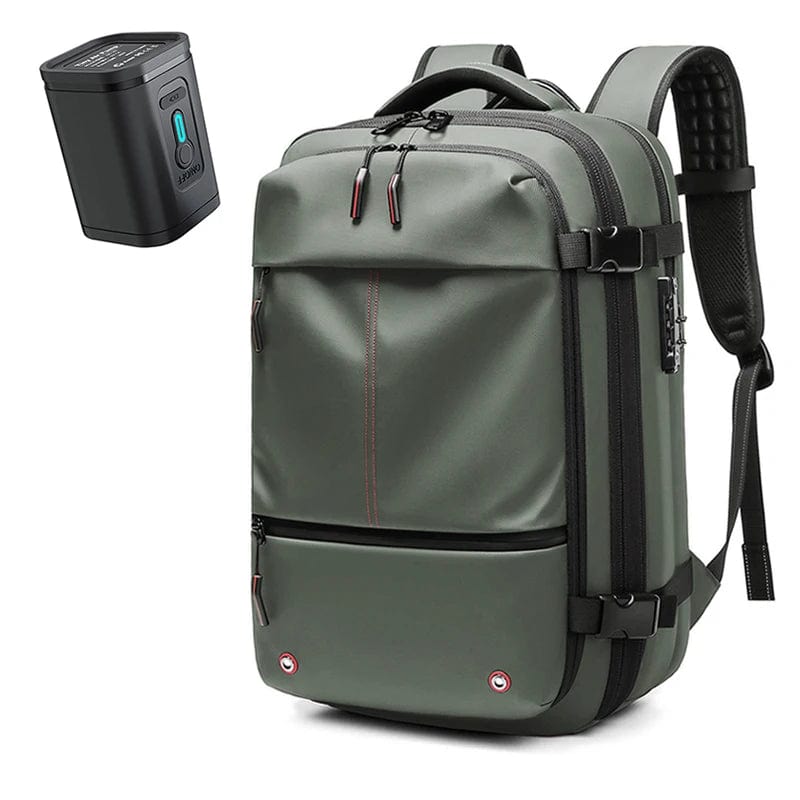 Travel backpack with built in vacuum compression system which saves you upto 50% space in your backpack. Separate laptop compartment , wet & dry separation , secret back pocket and ergonomic design by travel companion