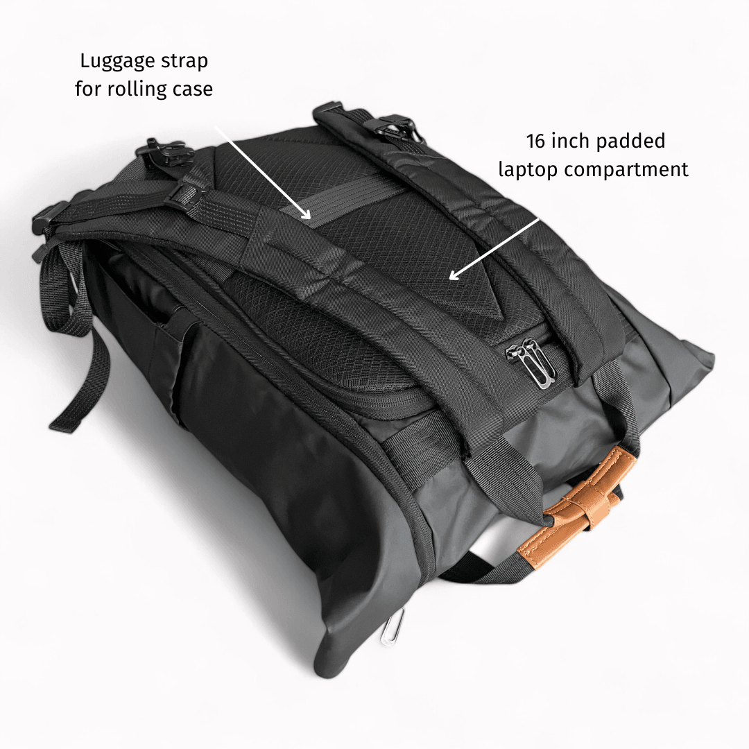 The Commuter Backpack by Travel Companion. This Backpack comes with an expandable rolltop design , padded rear laptop compartment which opens at 90 degrees giving you east access. It also comes with a built in USB charging port ensuring you stay connected on the go. It is built with durable and waterproof materials making it your perfect commuting companion.